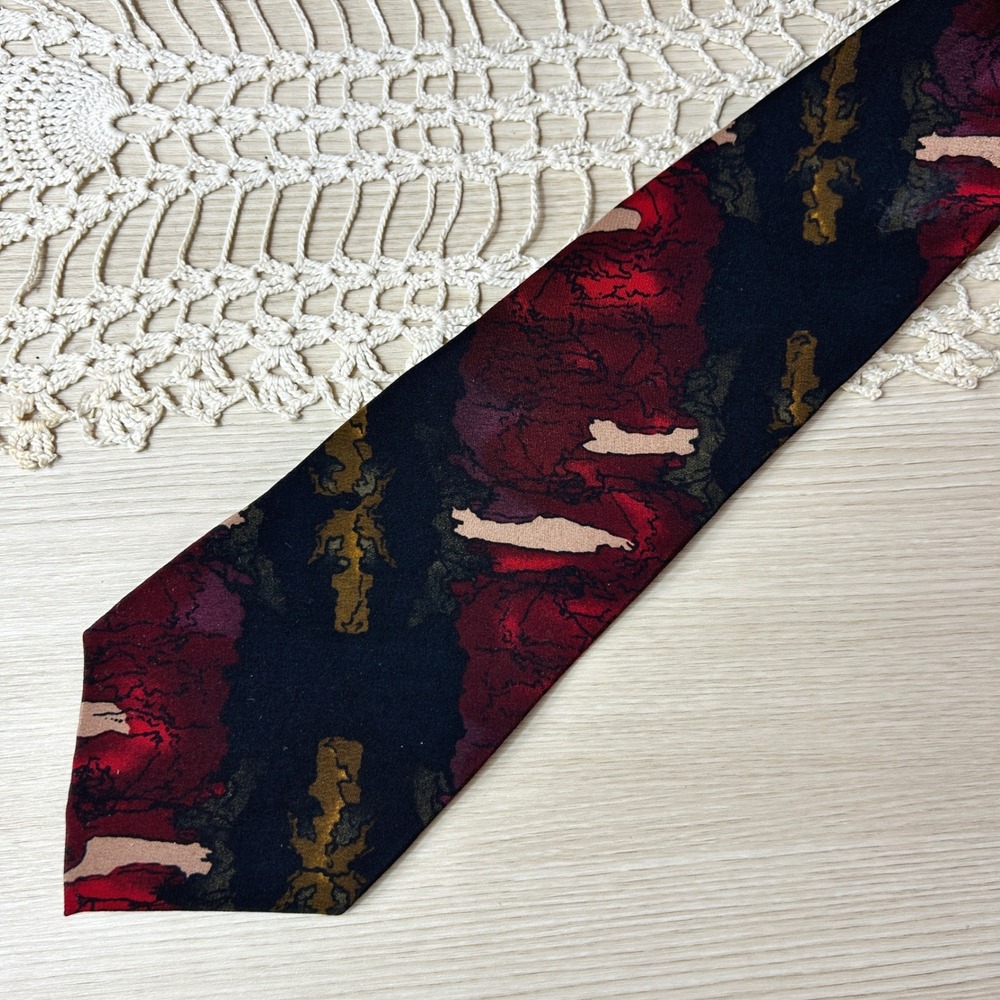 Vintage J Garcia Silk Necktie Mens Black‎ Red Abstract Art Design Made USA